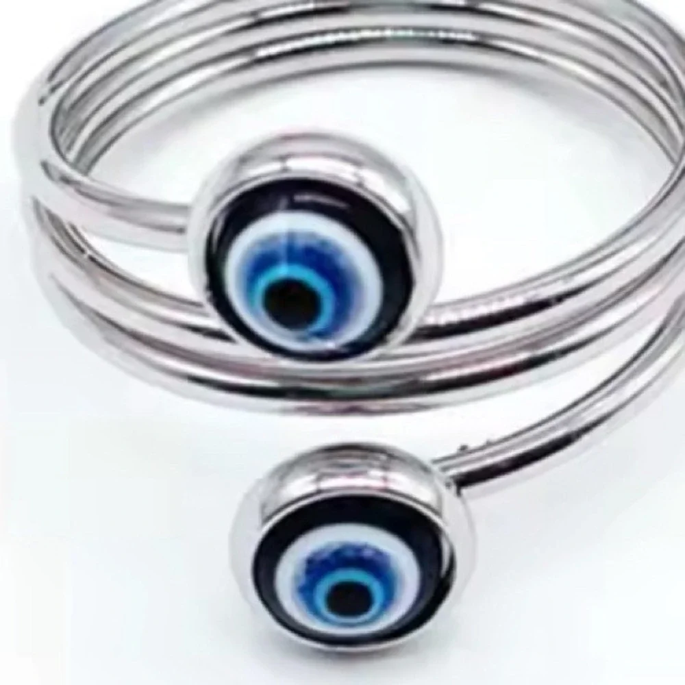 Evil Eye Blue Stainless Steel Open Silver Tone Boho Ring